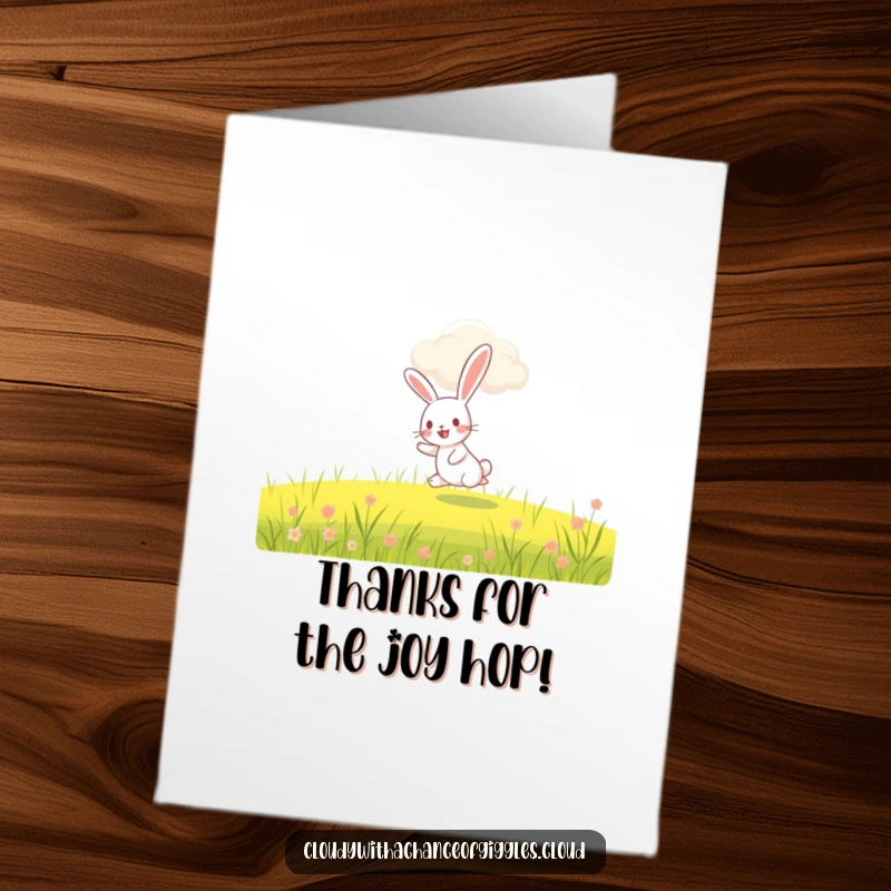 Funny Free Printable Thank You Card: A happy rabbit hopping through a field, under a friendly smiling cloud.
