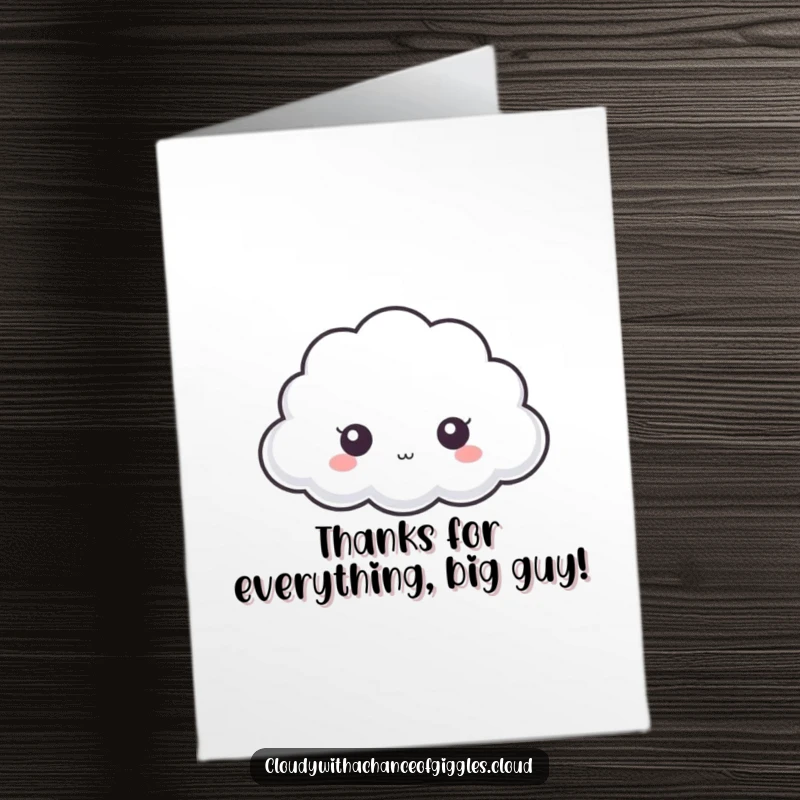 Funny Free Printable Thank You Card: A tiny cloud with wide eyes peeking from behind a larger cloud, expressing thanks.