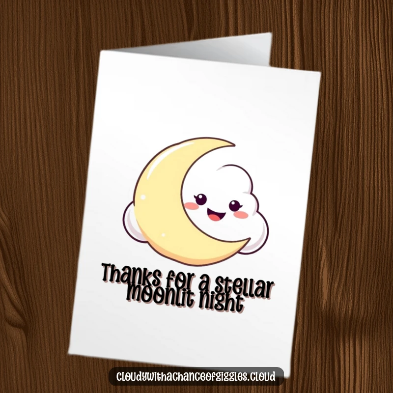 Funny Free Printable Thank You Card: A cloud with a mischievous grin peeks from behind a crescent moon, a funny thank you.