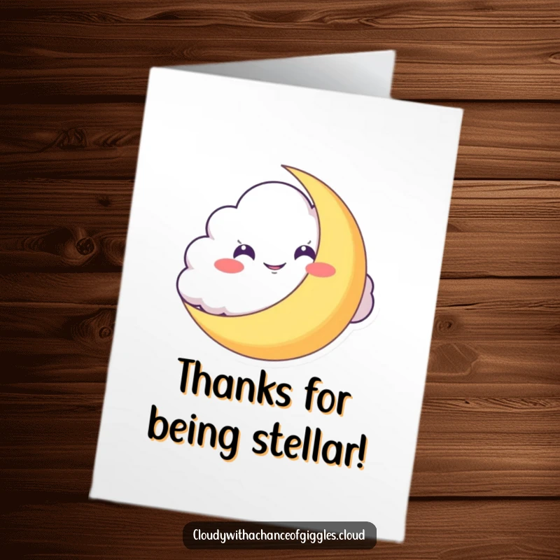 Funny Free Printable Thank You Card: A grinning cloud peeks from behind a crescent moon, expressing thanks.