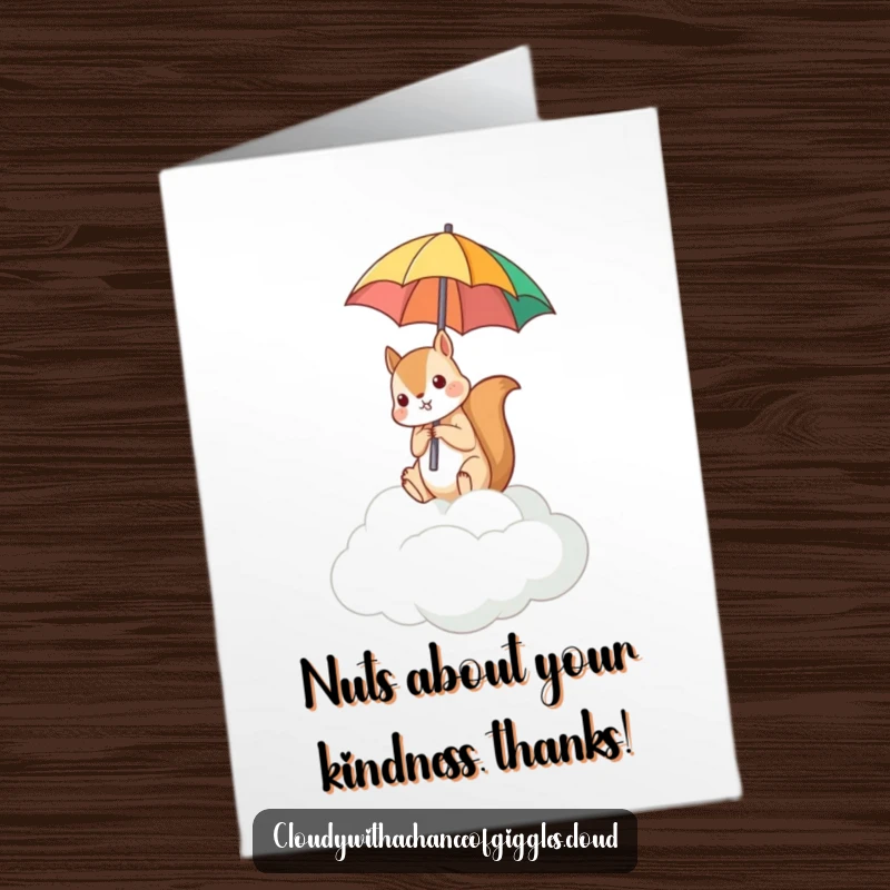 Funny Free Printable Thank You Card: A squirrel on a cloud amusingly holding an umbrella upside down, perfect for a thank you.