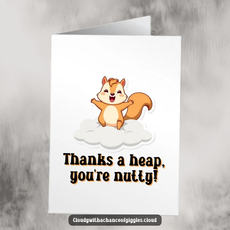 Funny Free Printable Thank You Card with a silly squirrel leaping happily from a cloud.