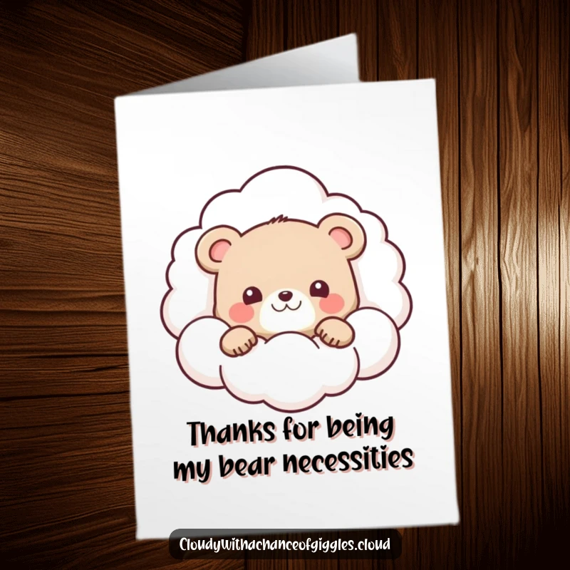 Funny Free Printable Thank You Card: A cute bear cub peeking from behind a smiling cloud, offering thanks with a smile.