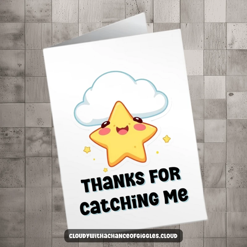 Funny Free Printable Thank You Card: A happy, smiling star character falling safely from a cloud, landing with a gentle thud.