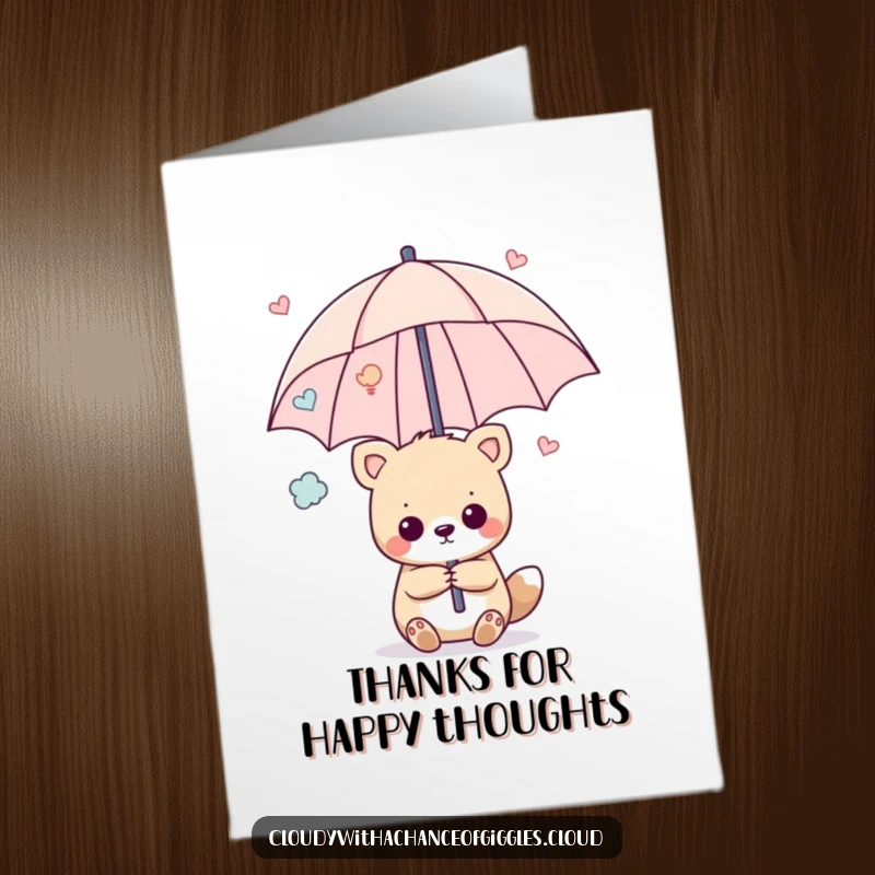 Funny Free Printable Thank You Card: An amusing animal shielding itself with an umbrella composed purely of joyful, uplifting happy thoughts.
