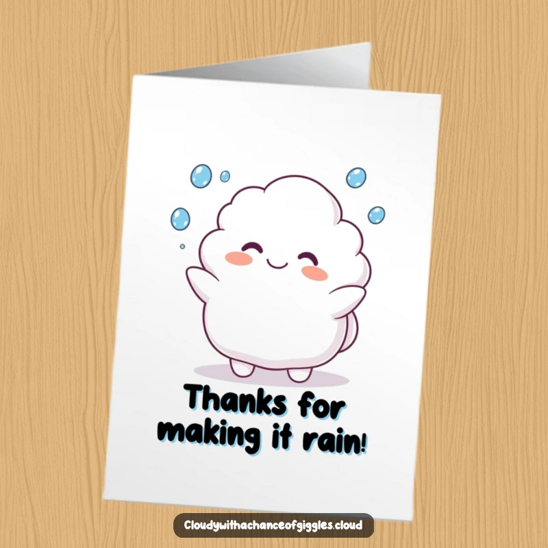 Funny Free Printable Thank You Card: Plump cloud animal happily juggles raindrops, conveying gratitude with a smiling face.