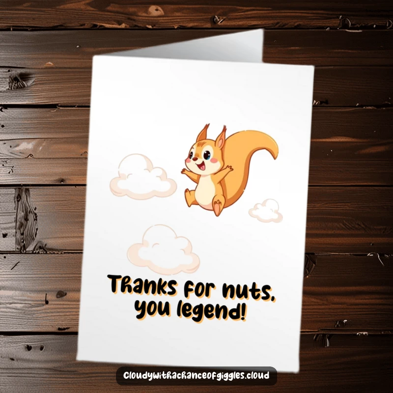 Funny Free Printable Thank You Card: A squirrel dynamically leaping across clouds, conveying thanks with downloadable charm.