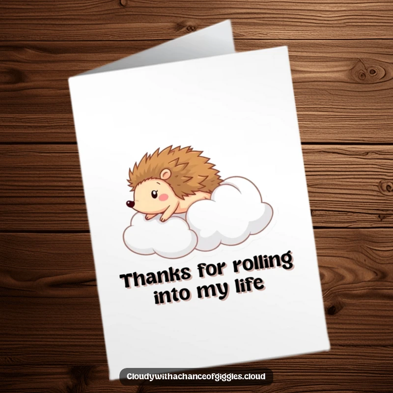 Funny Free Printable Thank You Card: A sweet hedgehog rolling down a cloud, conveying thanks with a playful and happy expression.
