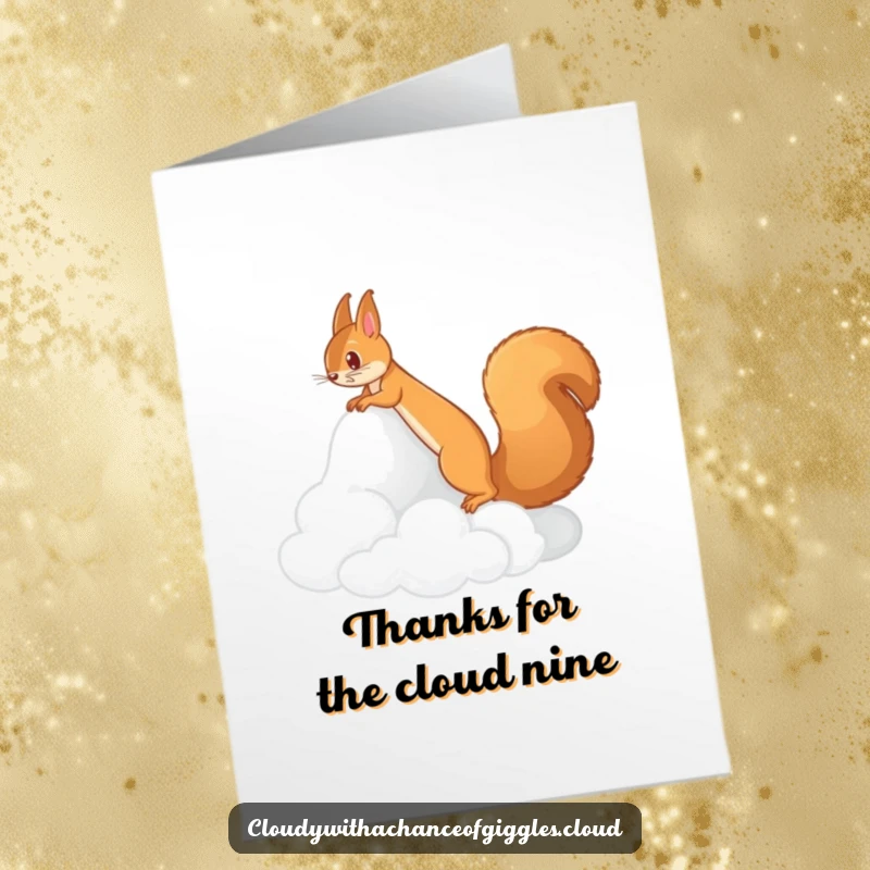 Funny Free Printable Thank You Card: A squirrel ascending a soft cloud mountain, offering thanks for a journey.