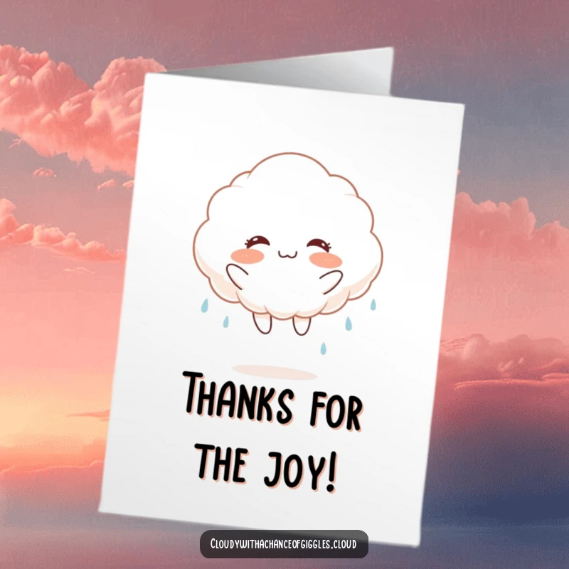 Funny Free Printable Thank You Card: A fluffy cloud with rosy cheeks joyfully jumps, sending rain and thanks.