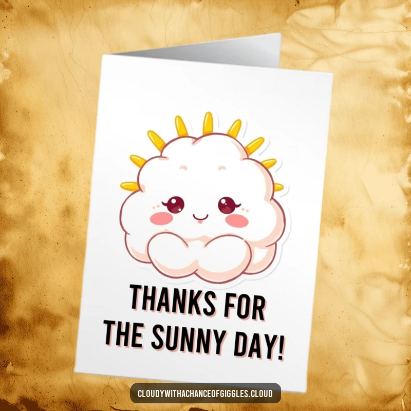Funny Free Printable Thank You Card: A fluffy cloud character with a huge sunshine smile, expressing sincere thanks.