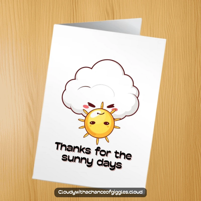 Funny Free Printable Thank You Card: Mischievous cloud with sly grin, adorable sun, printable thank you note.