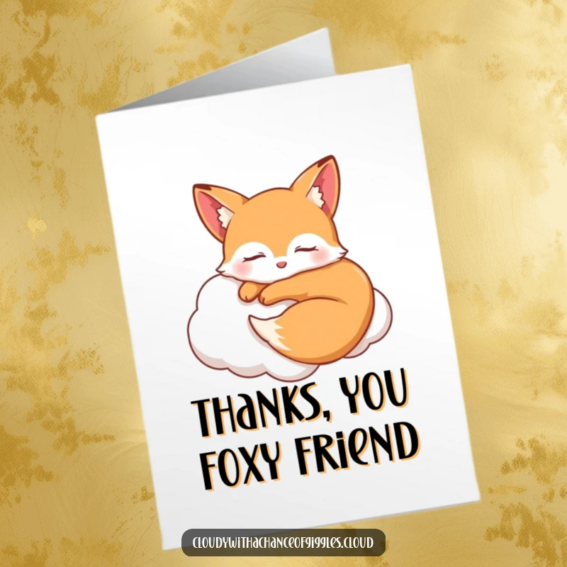 Funny Free Printable Thank You Card showing a sleepy fox curled up on a cloud with a smile, a humorous and gentle way to say thanks.