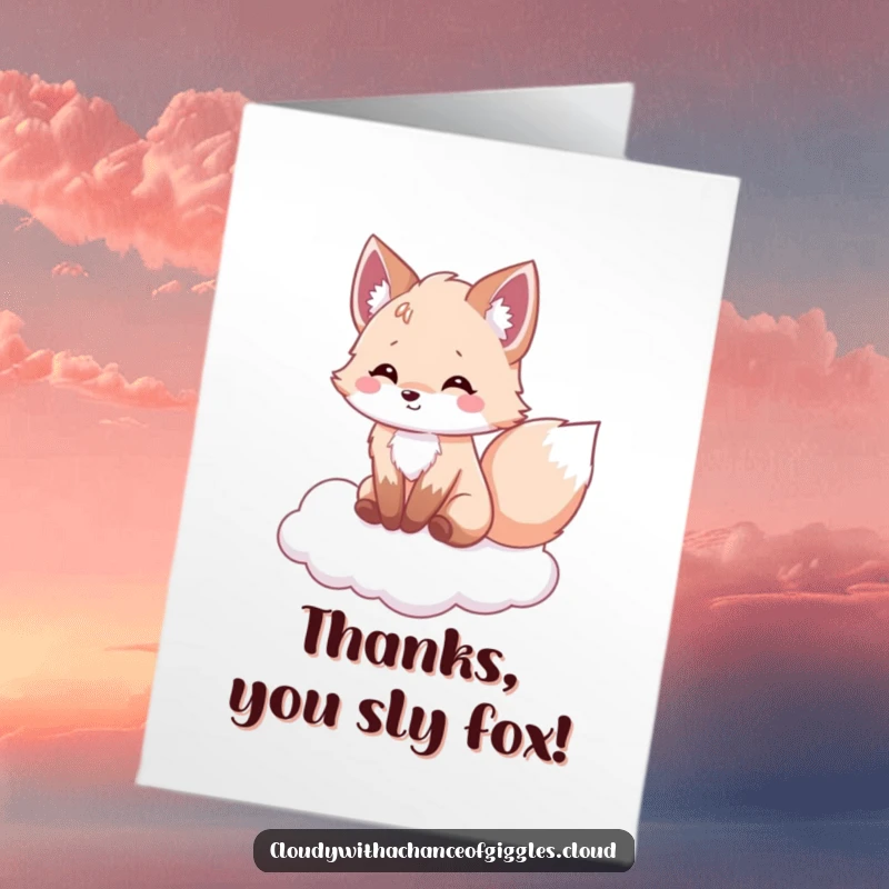 Funny Free Printable Thank You Card: A fluffy fox on a cloud wags its tail, conveying sincere and humorous thanks.