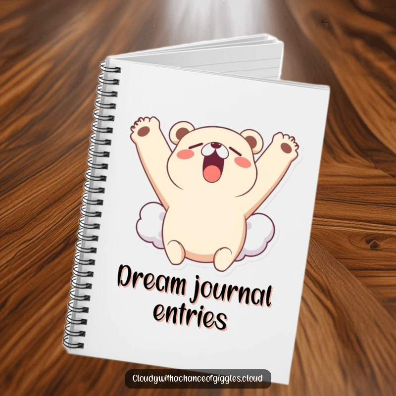 Funny spiral notebook cover featuring a little bear cloud character yawning widely and stretching its cloudy arms upwards, ready for notes.