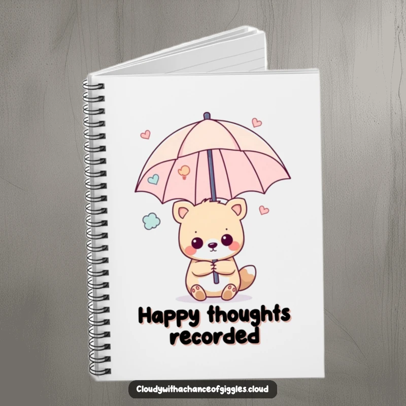 Funny notebook with a cover showing an animal holding an umbrella made of happy thoughts, perfect for humorous note-taking.