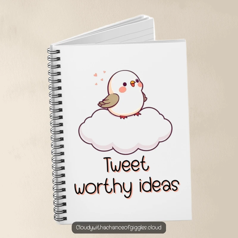 Funny tiny bird chirps on a gently drifting cloud, gracing the cover of this cute and functional notebook.