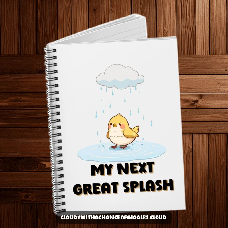 Funny bird notebook, a bird splashing in a puddle from a rain cloud, cute journal for writing and sketching.