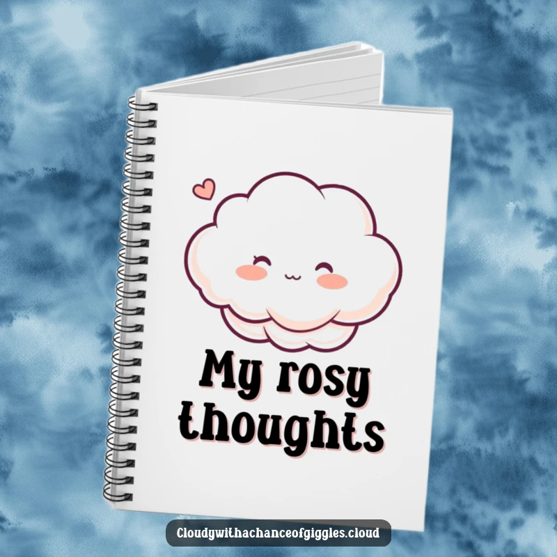 Funny notebook with a cover showing a blushing cloud character, rosy cheeks from a ticklish breeze, perfect for humorous note-taking.