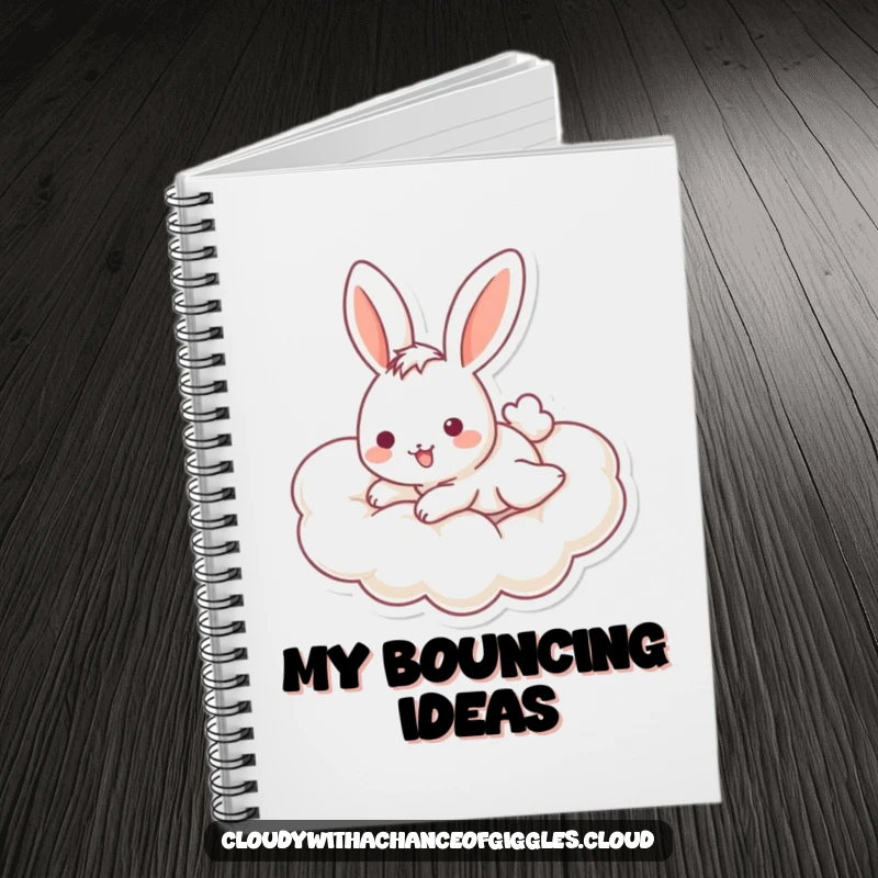 Funny bunny notebook with a cheerful bunny sliding down a cloud, perfect for jotting notes with a touch of playful joy.