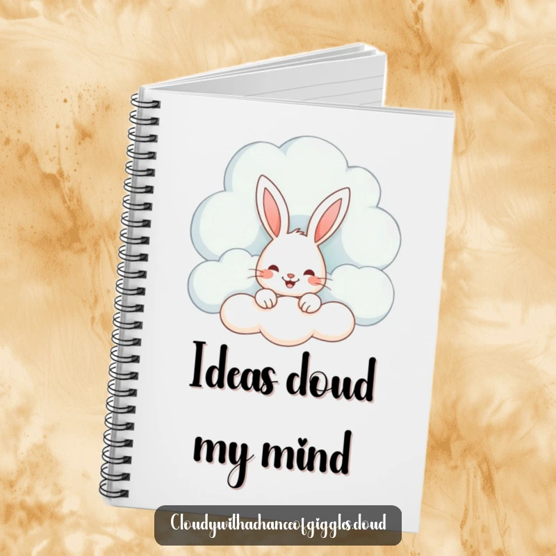 Funny notebook featuring a cute bunny peeking from a whimsical cloud, ideal for writing, drawing, and daily thoughts.