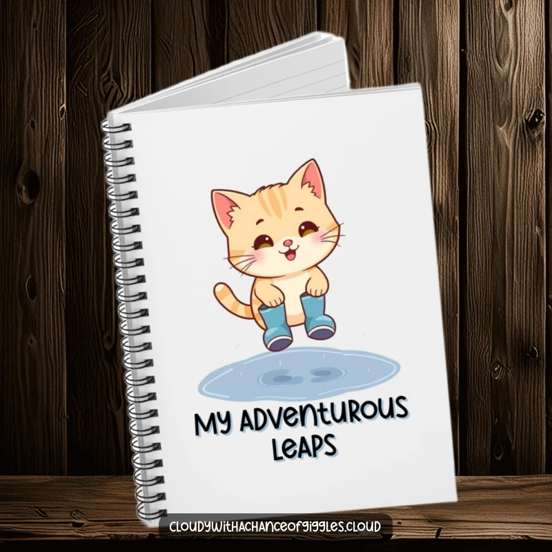 Funny cat wearing tiny rain boots, jumping over a puddle, a lined notebook.