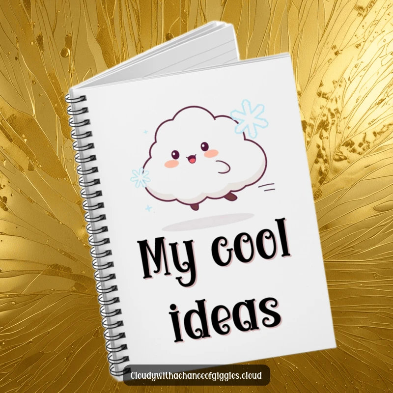 Funny notebook with a playful cloud animal character chasing a dancing snowflake, perfect for winter journaling.