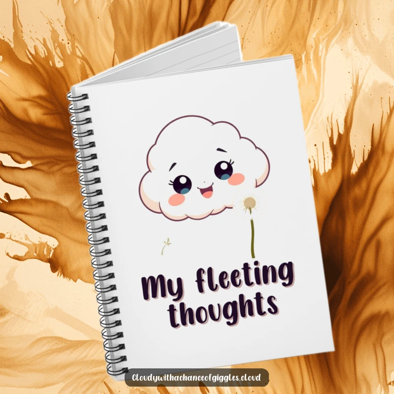 Funny, excited cloud with wide eyes chasing a fluffy white dandelion seed on the cover of a funny notebook.