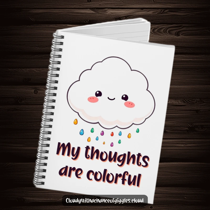 Funny notebook cover with a fluffy cloud character happily raining colorful, tiny raindrops, ready for notes.