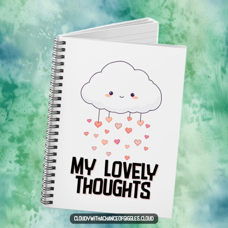 Funny notebook cover with a fluffy white cloud raining tiny, happy hearts, perfect for writing down sweet thoughts, a funny and funny gift.