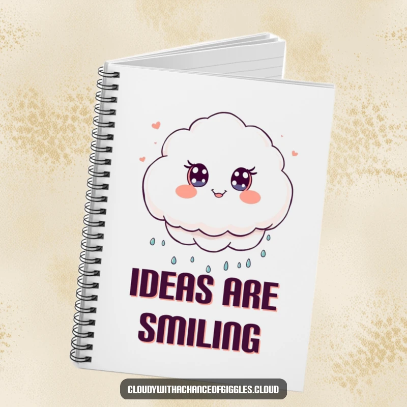 Funny Notebook with a fluffy kawaii cloud character raining tiny smiles, inspiring users to fill its pages with joy.