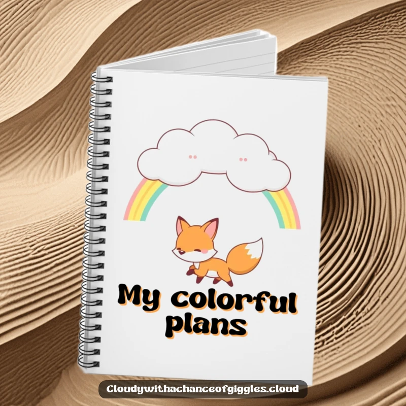 Funny fox notebook, a fox chasing a rainbow from a fluffy cloud, cute journal for writing and sketching dreams.