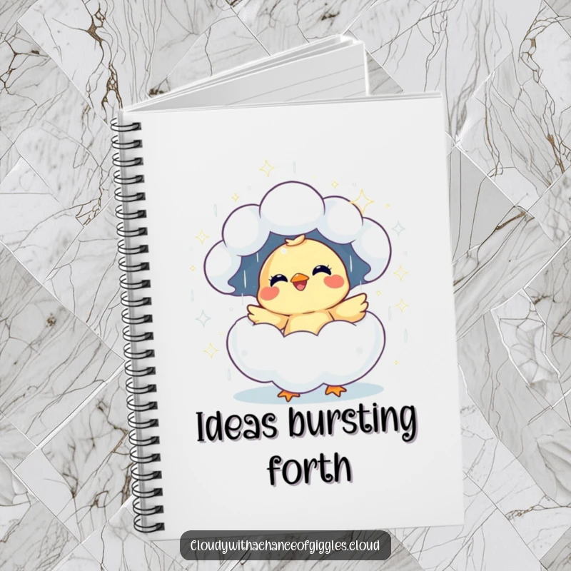 Funny giggling chick hatching from a sparkly cloud notebook, ideal for capturing ideas with a humorous touch.