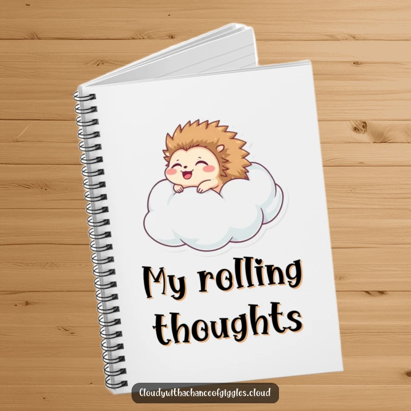 Funny hedgehog notebook with a happy hedgehog rolling down a cloud, perfect for jotting notes with a touch of pure bliss.