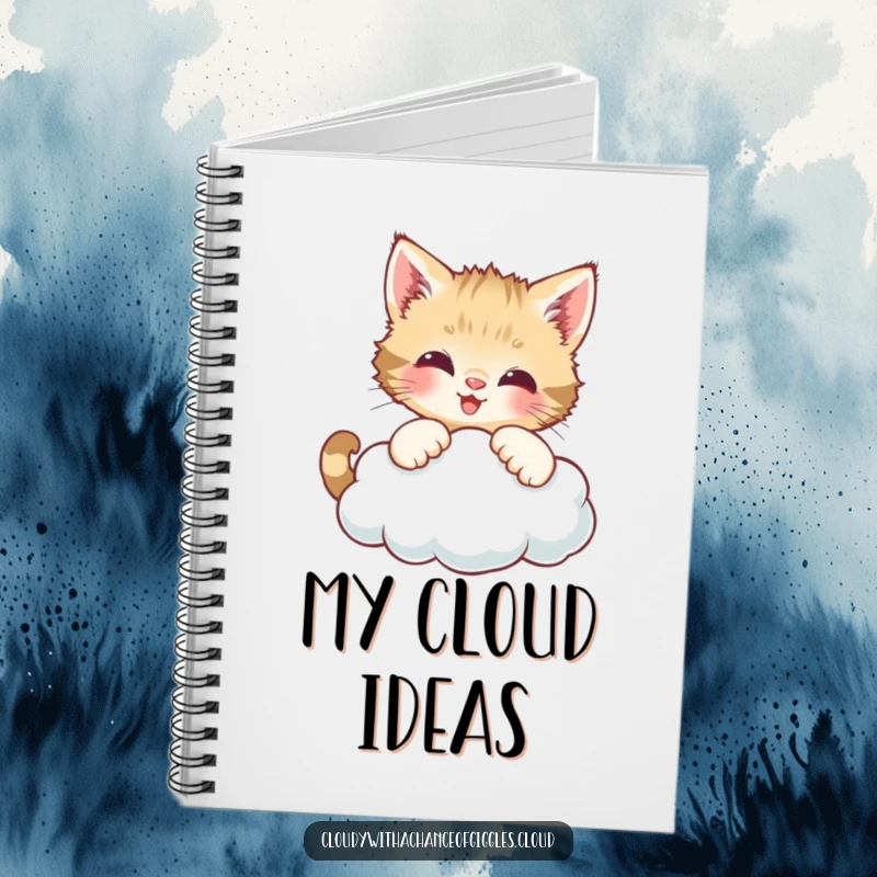 Funny notebook featuring a curious kitten batting at a smiling cloud, inspiring creative writing and journaling.