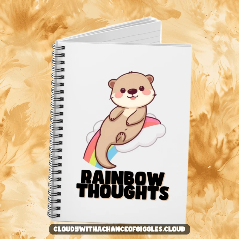 Funny playful otter slides down a rainbow from a fluffy cloud, gracing the cover of this cute and functional notebook.