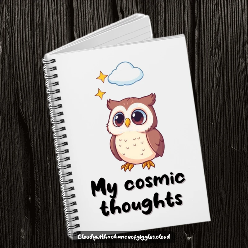 Funny notebook cover showing a little owl with big, curious eyes looking up at a cloud full of stars, great for note-taking.