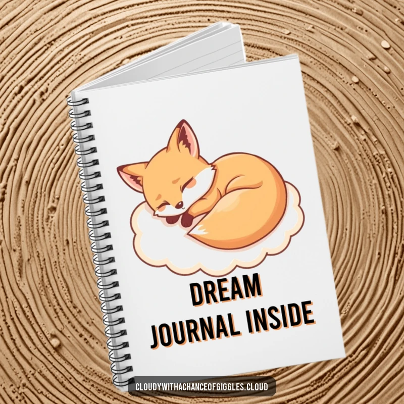 Funny sleepy fox resting on a cloud notebook cover, perfect for jotting down ideas with a humorous, dreamy touch.