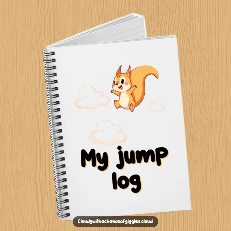 Funny notebook with a squirrel joyfully leaping between clouds, inspiring creative writing and journaling with whimsical energy.