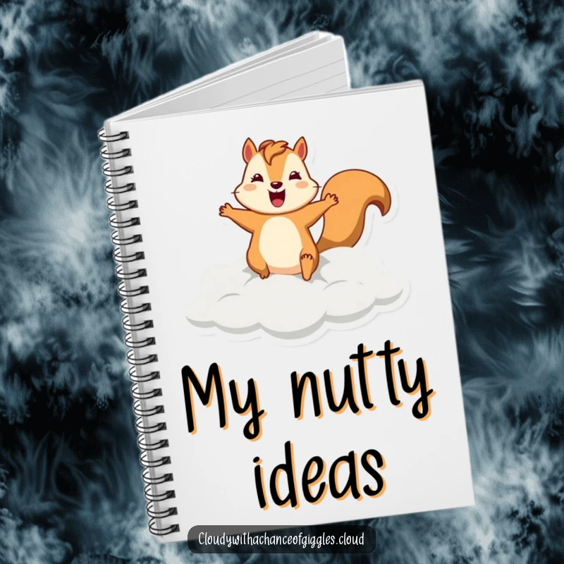 Funny squirrel notebook with a silly squirrel leaping from a cloud, perfect for jotting notes with a touch of playful energy.