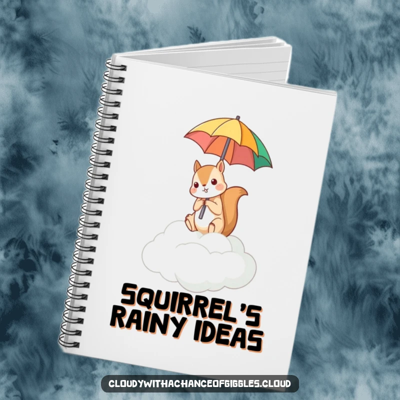 Funny notebook depicting a squirrel on a cloud, holding an umbrella upside down, for creative writing.