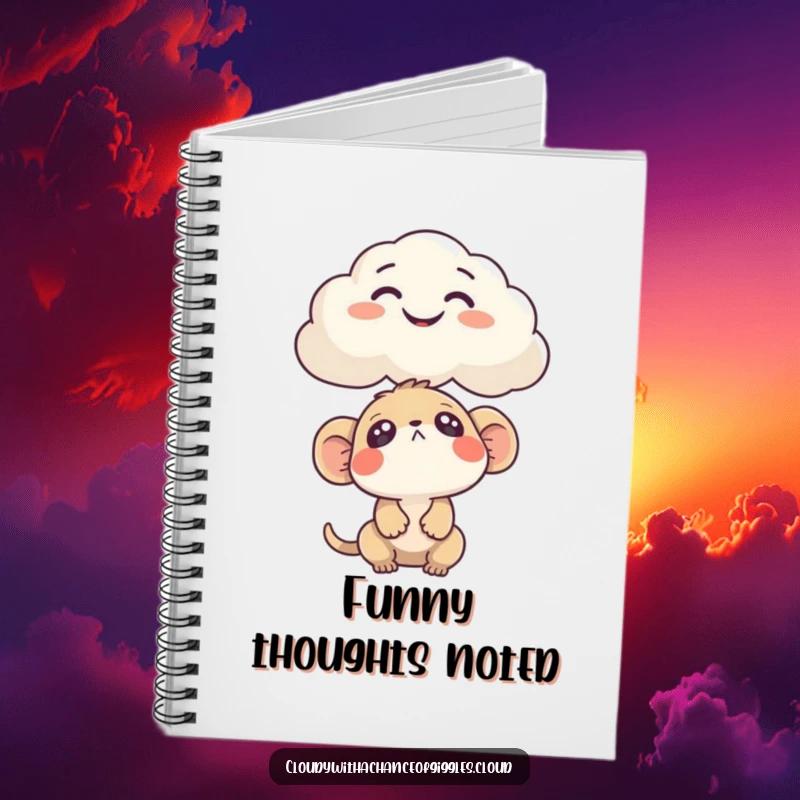 Funny Notebook with a curious creature looking up at a cloud shaped like a funny face, perfect for jotting down thoughts.