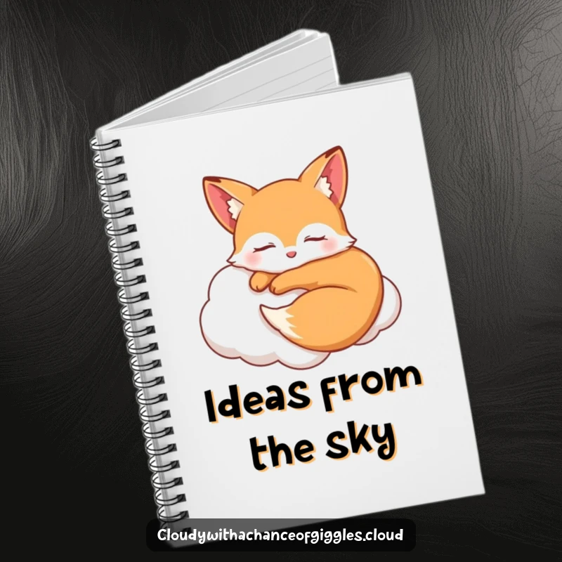 Funny sleepy fox curled up smiling on a soft cloud with closed eyes, a dreamy and humorous notebook for journaling peaceful thoughts.