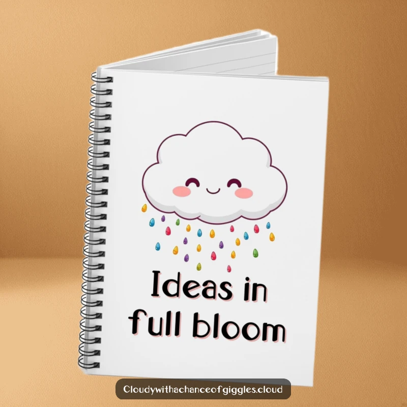 Funny fluffy cloud raining colorful tiny raindrops, a lined notebook for writing.