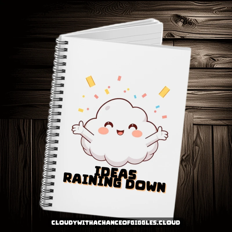 Funny notebook cover showing a happy cloud catching confetti, ideal for jotting down thoughts with a humorous and celebratory vibe.