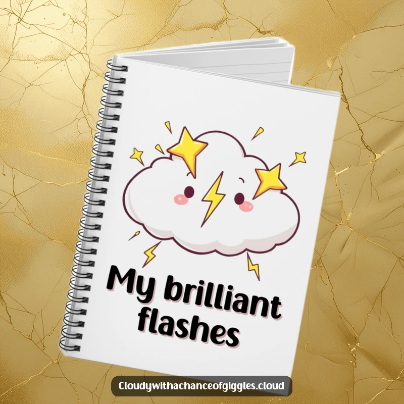 Funny cloud notebook, a cloud zipping across the sky with lightning bolts shaped like stars, ideal for jotting ideas.