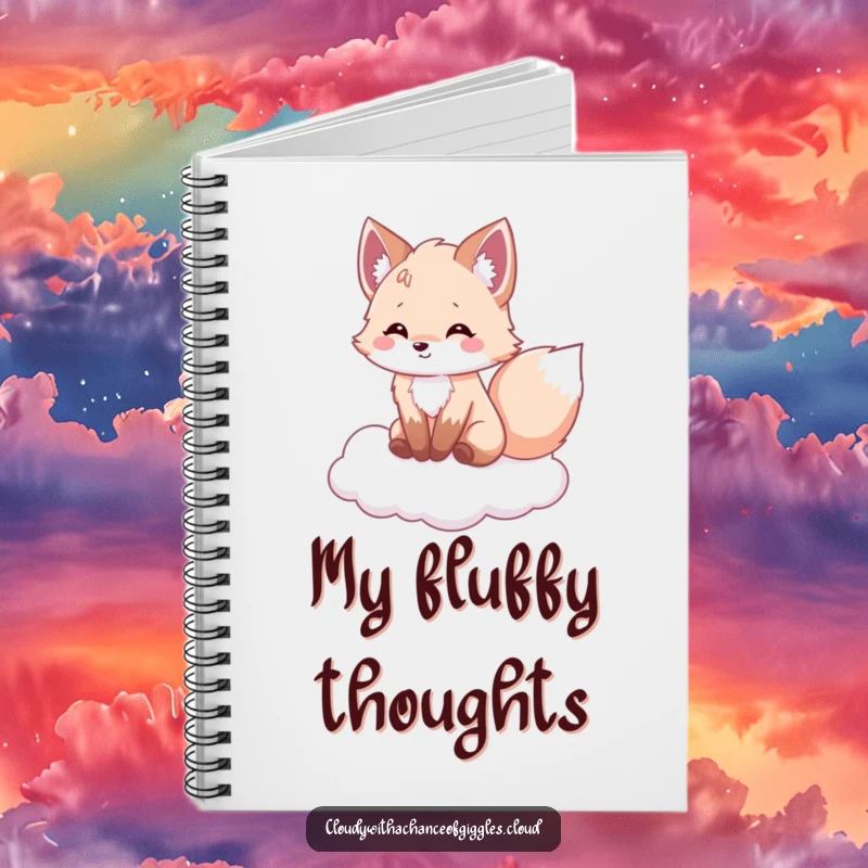 Funny fox notebook, a fluffy fox sitting on a cloud, tail wagging with delight, ideal for jotting down happy thoughts.