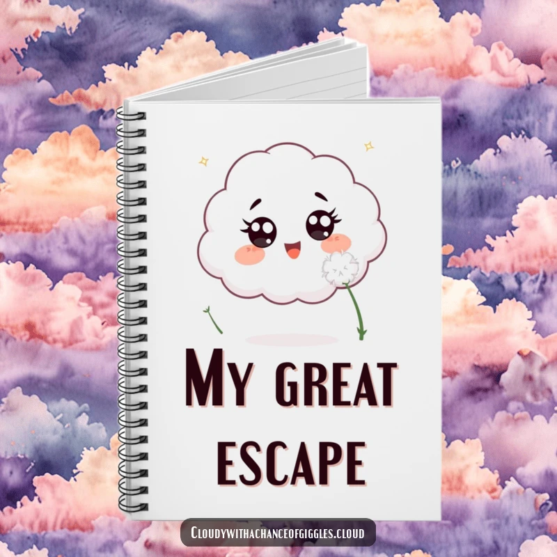 Funny notebook cover art of an excited cloud with wide eyes, playfully pursuing a delicate white dandelion seed on its journey.