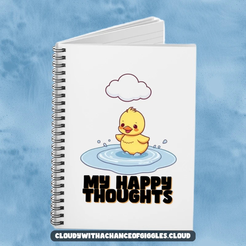 Funny Duckling Puddle Splash Notebook, showing a happy duckling splashing in a puddle under a cloud, ideal for journaling.