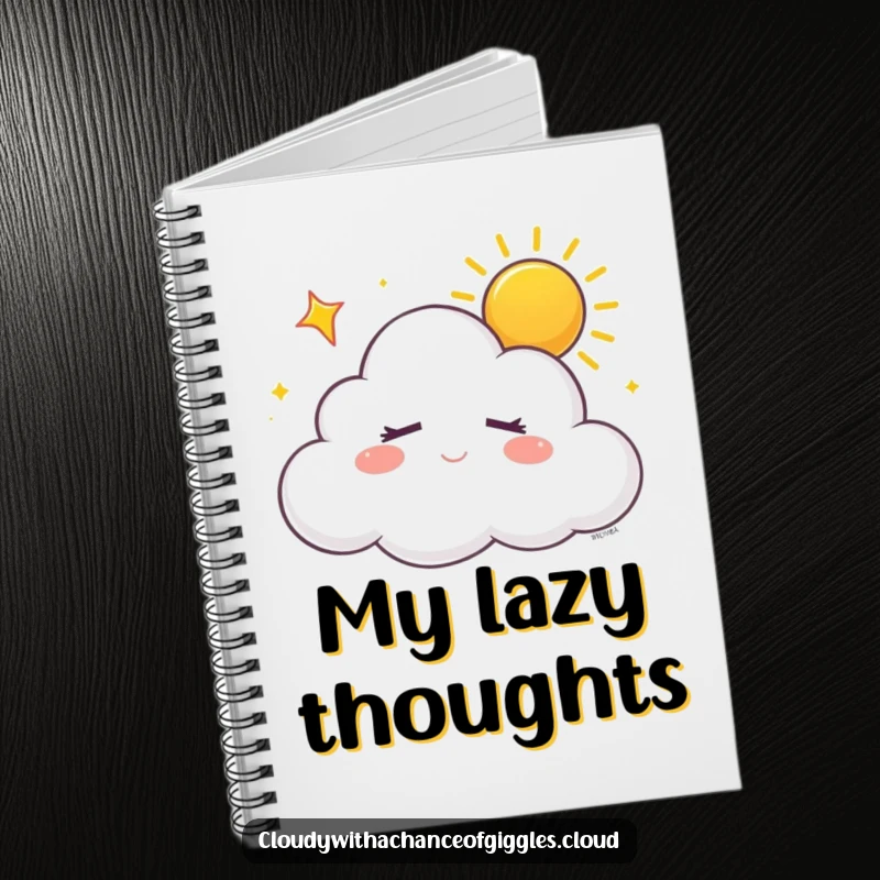 Funny sleepy white cloud with closed eyes, dreaming of sunshine with a happy sigh, on a notebook, for jotting down peaceful dreams.